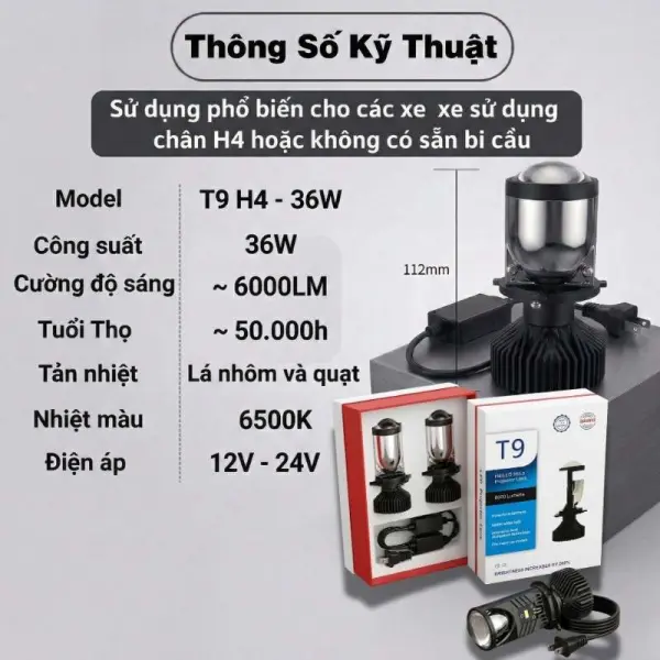 Đèn Bi Cầu Mini T9 Chân H4 Siêu Sáng Cho Ô Tô Xe Máy