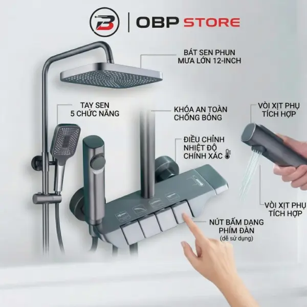 Bộ Sen Cây Tắm Phím Đàn Cao Cấp Màu Xám Titan - Đồng Thau Chống Bám Bẩn (4 Chế Độ Nước)