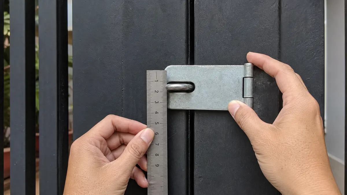 Người dùng đo khe bát khóa cửa sắt bằng thước kẻ milimét
