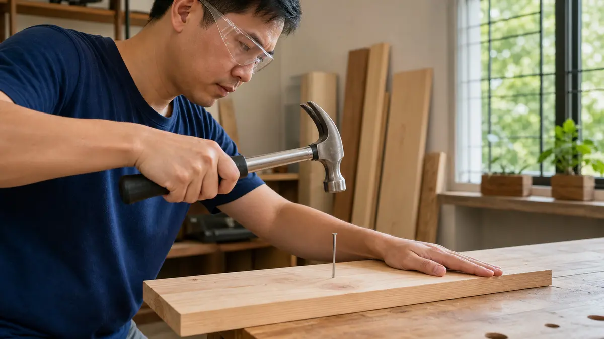 Người đeo kính bảo hộ đóng đinh vào tấm gỗ bằng búa nhổ đinh