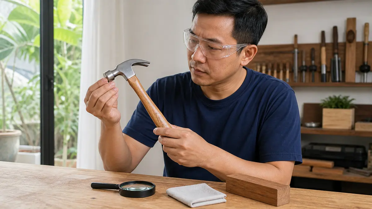 Người kiểm tra mặt búa, đầu gắn và cán trước khi sử dụng