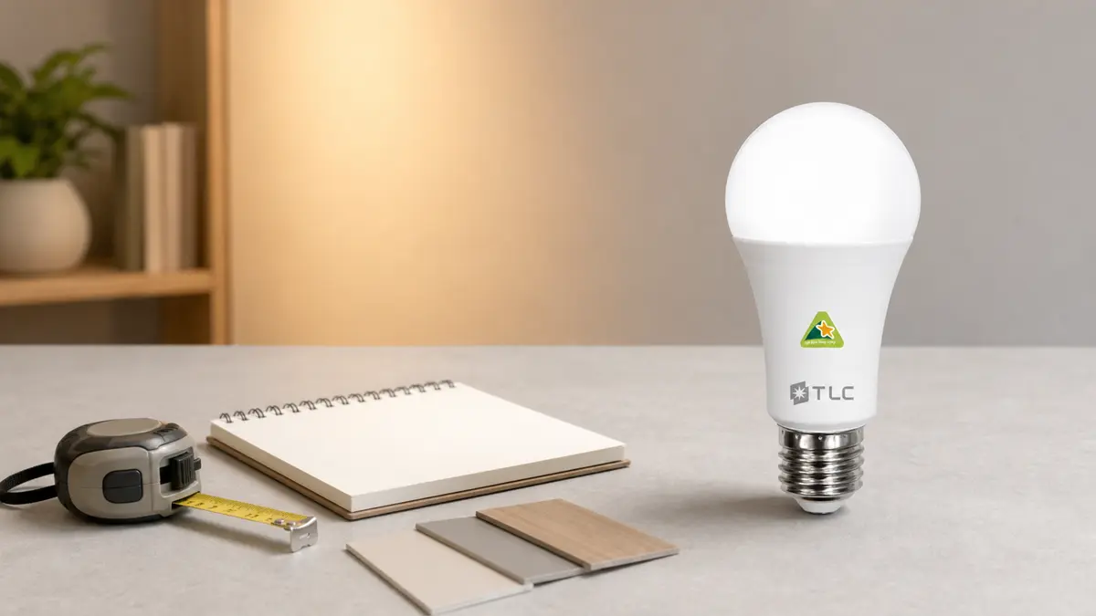 Bóng LED TLC BOS E27 bên cạnh dụng cụ đo và mẫu màu