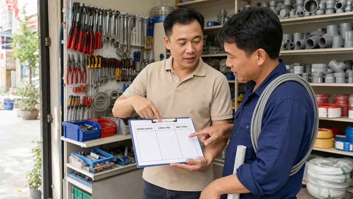 Chủ cửa hàng ghi nhu cầu của thợ điện nước tại khu dân cư
