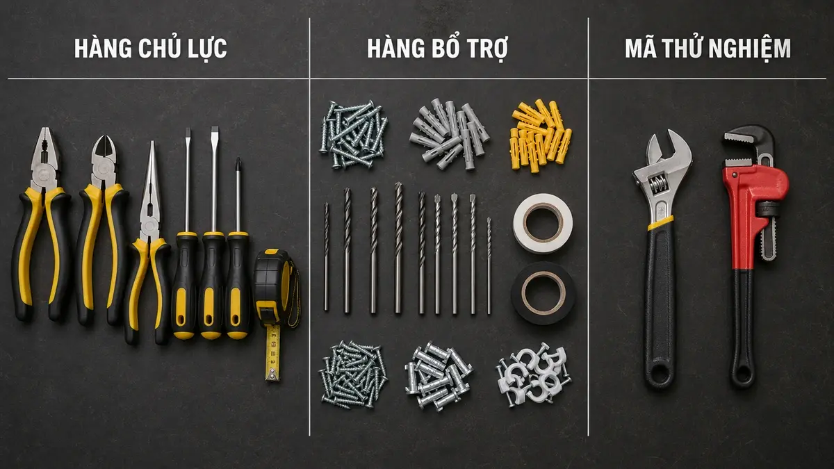 Các nhóm dụng cụ cầm tay và vật tư tiêu hao được sắp theo vai trò