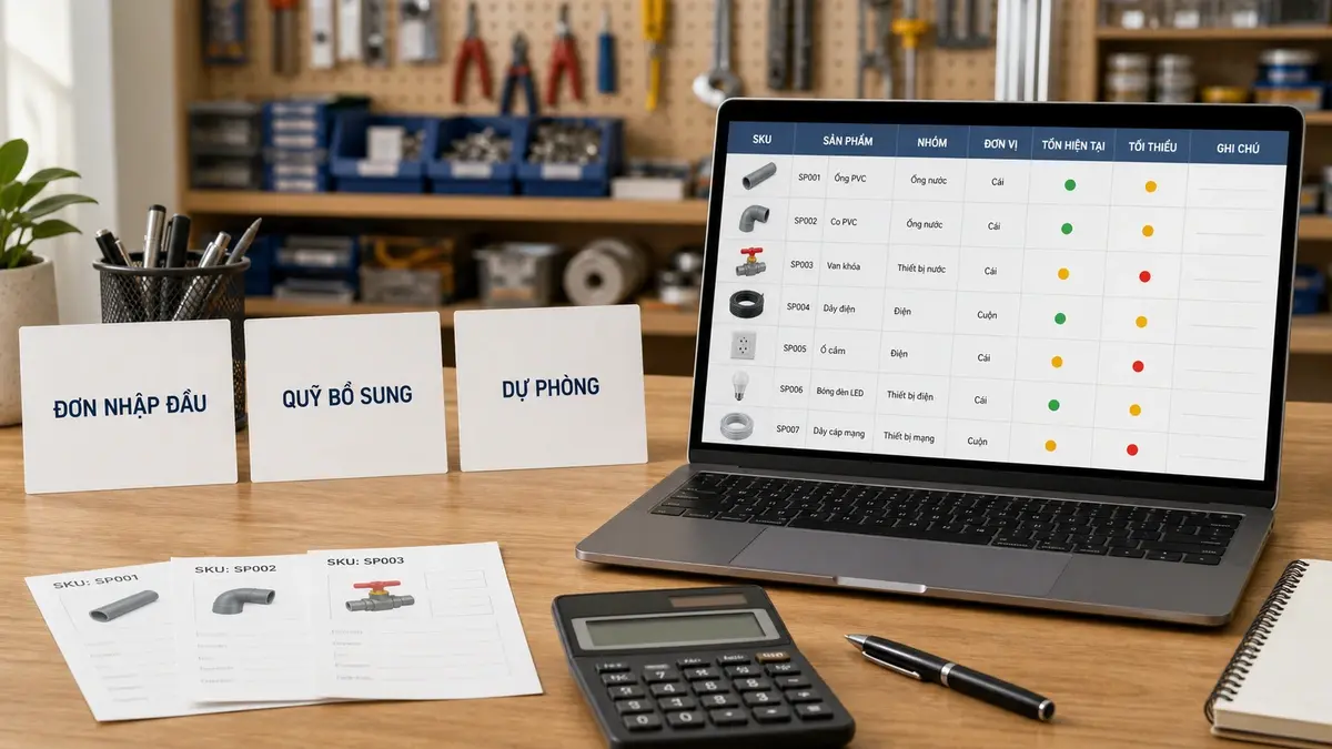 Bảng tính vốn nhập hàng và thẻ tồn kho cho từng SKU kim khí
