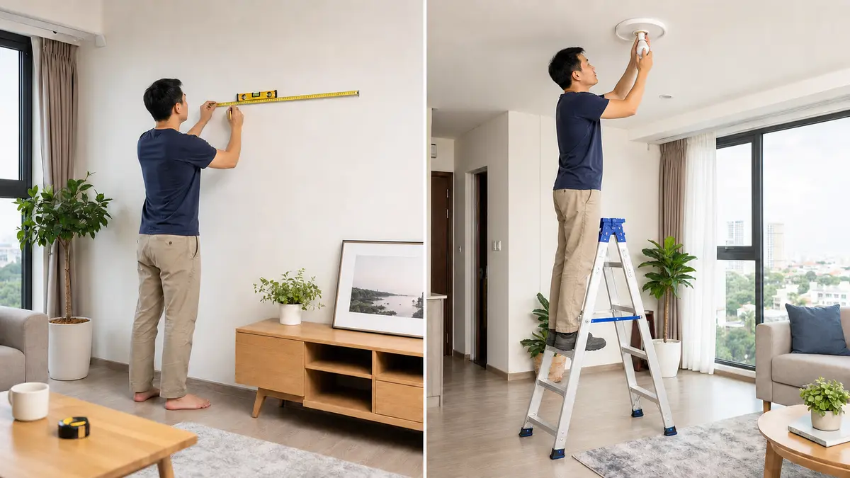Đo vị trí treo tranh và thay bóng đèn bằng thang chắc chắn