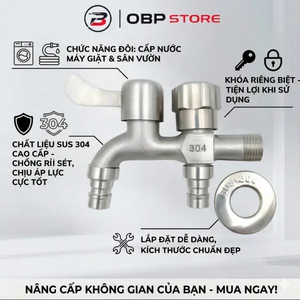 Vòi Hai Đầu Inox 304 Hai Đầu Xả Độc Lập Chống Gỉ Lắp Máy Giặt Sân Vườn V26-A01