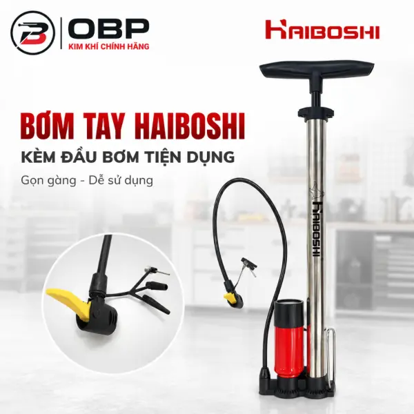 Bơm Tay HAIBOSHI HB-3818 Thân Inox 37mm, Cao 62–106cm, Dây 80cm, 3 Đầu Bơm, Đồng Hồ PSI/BAR