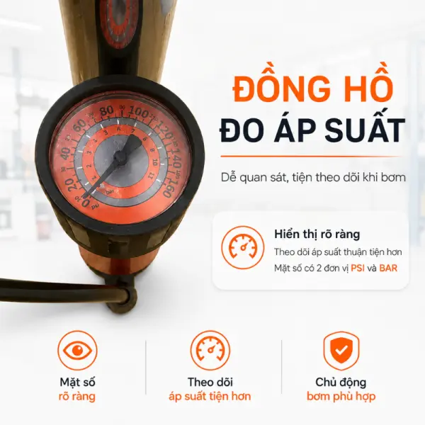 Bơm Tay HAIBOSHI HB-3818 Thân Inox 37mm, Cao 62–106cm, Dây 80cm, 3 Đầu Bơm, Đồng Hồ PSI/BAR