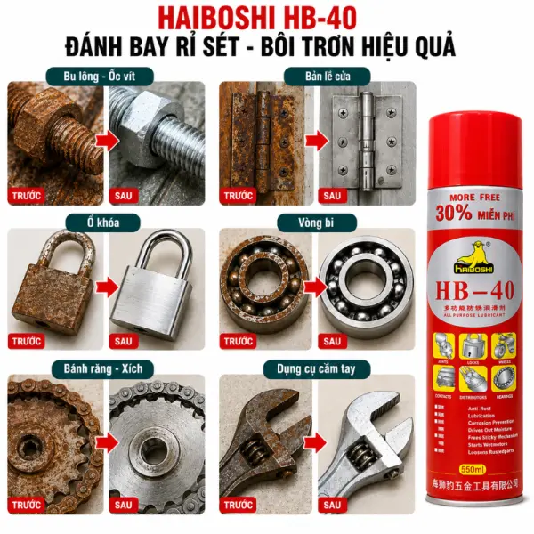 Dầu Xịt Chống Gỉ HAIBOSHI HB-40 550ml – Bôi Trơn Đa Năng, Hỗ Trợ Mở Ốc Vít Kẹt