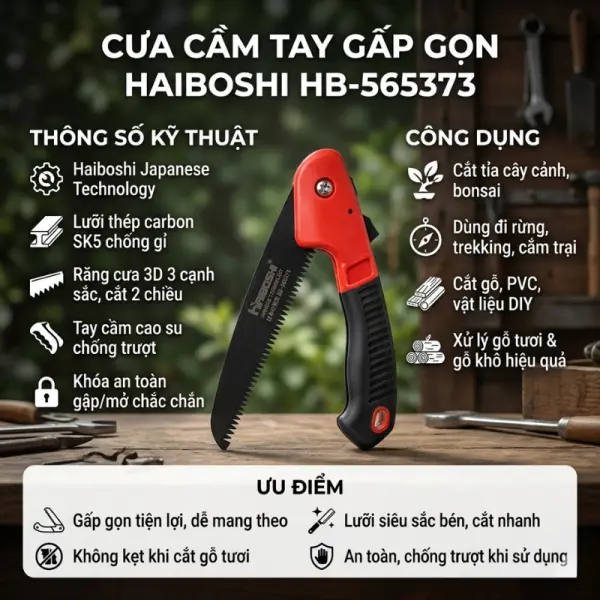 Cưa Gấp Cầm Tay HAIBOSHI HB-565373 Lưỡi 180mm, Răng Cưa 3D, Tay Cầm TPR, Chốt Khóa An Toàn