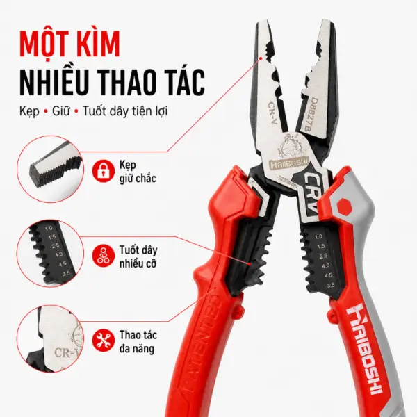 Kìm Đa Năng HAIBOSHI HB-D8027B 9 Inch, Thép Chrome Vanadium CR-V, Kẹp Cắt Bấm Tuốt Dây 6 Cỡ, Tay Cầm Bọc Nhựa