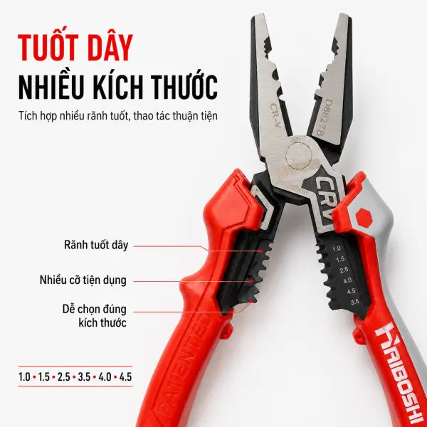 Kìm Đa Năng HAIBOSHI HB-D8027B 9 Inch, Thép Chrome Vanadium CR-V, Kẹp Cắt Bấm Tuốt Dây 6 Cỡ, Tay Cầm Bọc Nhựa