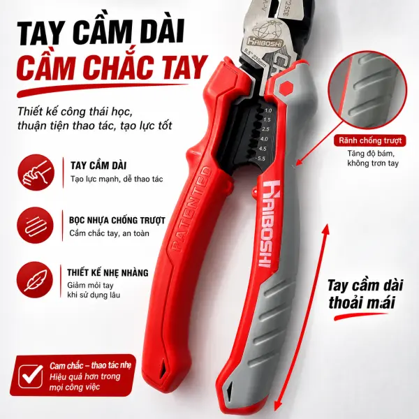 Kìm Đa Năng HAIBOSHI HB-D8027B 9 Inch, Thép Chrome Vanadium CR-V, Kẹp Cắt Bấm Tuốt Dây 6 Cỡ, Tay Cầm Bọc Nhựa