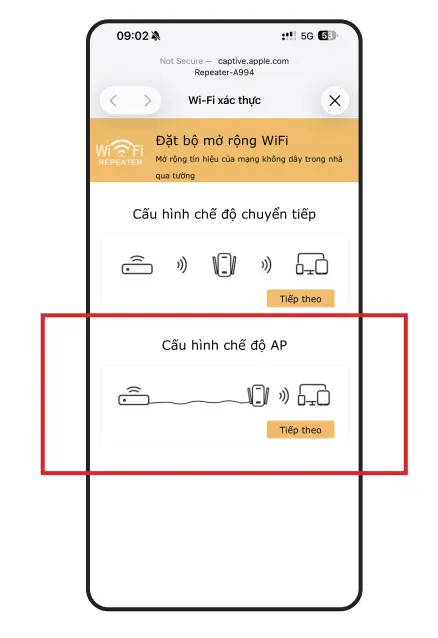 Chọn chế độ AP tại bước cài đặt