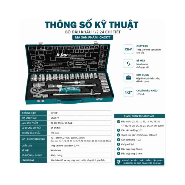 Bộ Đầu Khẩu JCTOP 1/2 Inch 12–24 Chi Tiết
