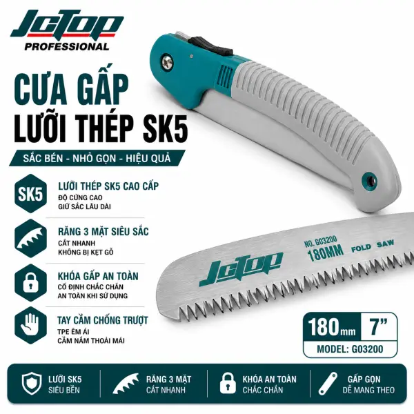 Cưa Gấp JCTOP GD3200 180mm Thép SK5 Răng 3 Mặt Cắt Cành
