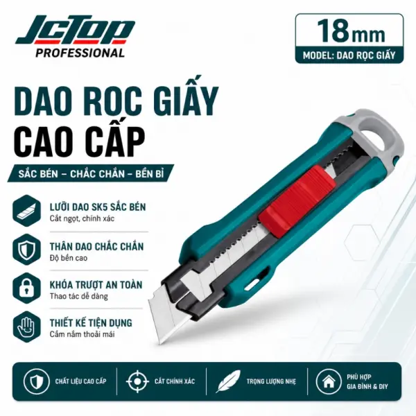 Dao Rọc Giấy JCTOP EQ4012 18x100mm Lưỡi Thép Chống Gỉ