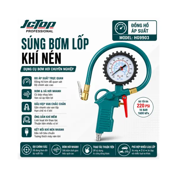 Súng Bơm Lốp JCTOP HG9903/HG9904 Đồng Hồ Áp