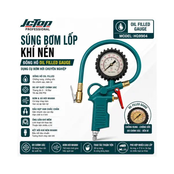 Súng Bơm Lốp JCTOP HG9903/HG9904 Đồng Hồ Áp