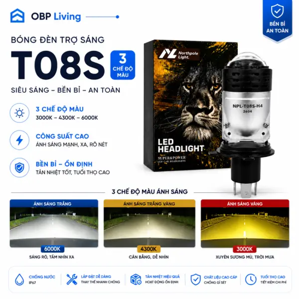 Đèn LED bi cầu T08S H4 3 màu 3000K–4300K–6000K