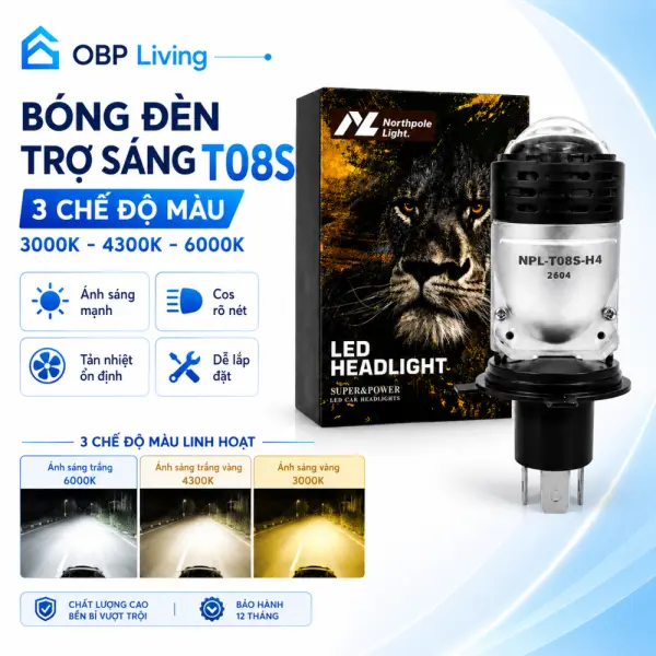 Đèn LED bi cầu T08S H4 3 màu 3000K–4300K–6000K