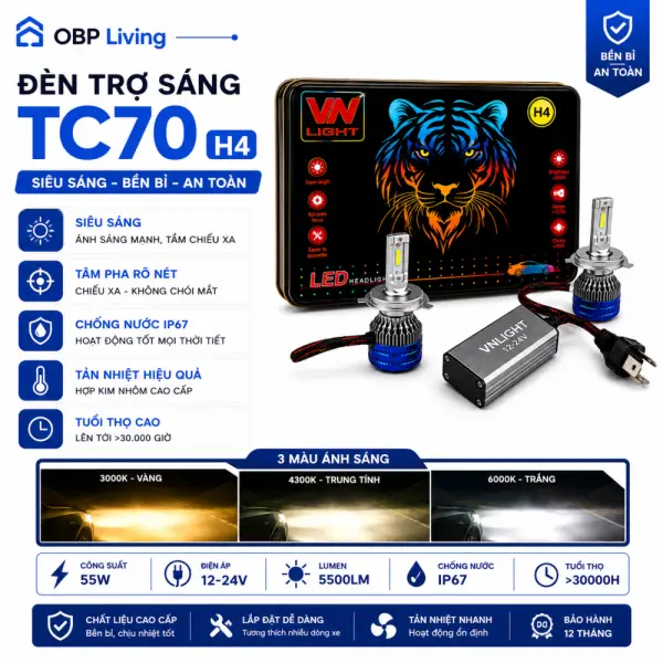 Đèn LED Trợ Sáng TC70 H4 VN LIGHT 55W 12–24V 5500LM 3 Màu 3000K/4300K/6000K