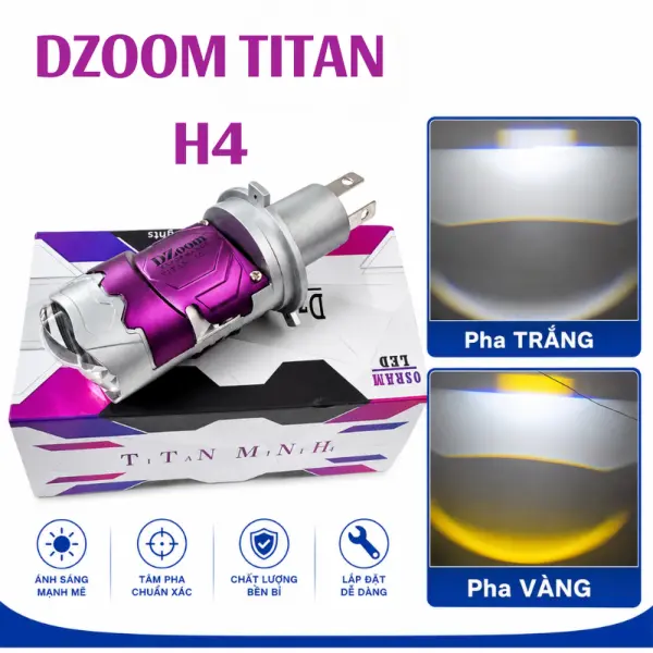 Bóng Đèn LED Dzoom Titan Mini H4 Bi Cầu 1.0 V2 Inch Pha Trắng Cốt Vàng