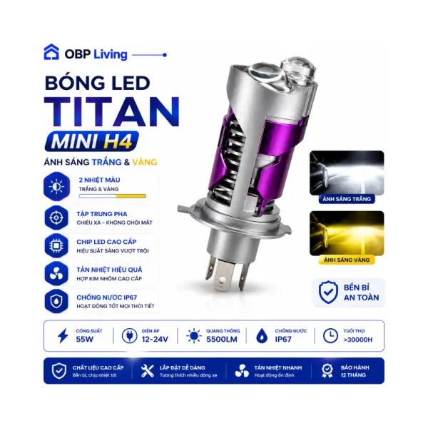 Bóng Đèn LED Dzoom Titan Mini H4 Bi Cầu 1.0 V2 Inch Pha Trắng Cốt Vàng