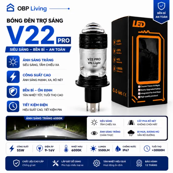 Bi LED Mini V22 Pro H4 55W sáng Trắng