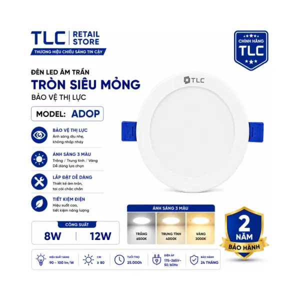Đèn LED Âm Trần TLC DOS Plus 8W 12W Viền Trắng