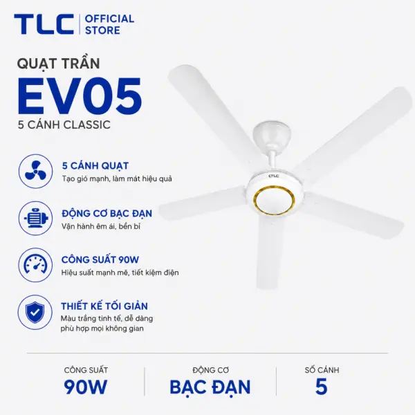 Quạt Trần TLC EV05 5 Cánh 90W Màu Trắng
