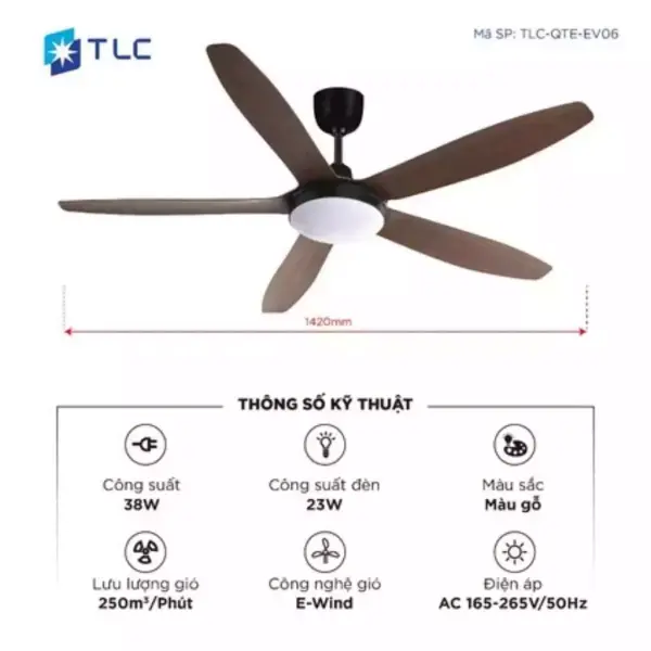 Quạt Trần Có Đèn TLC EV06 38W 5 Cánh 1420mm