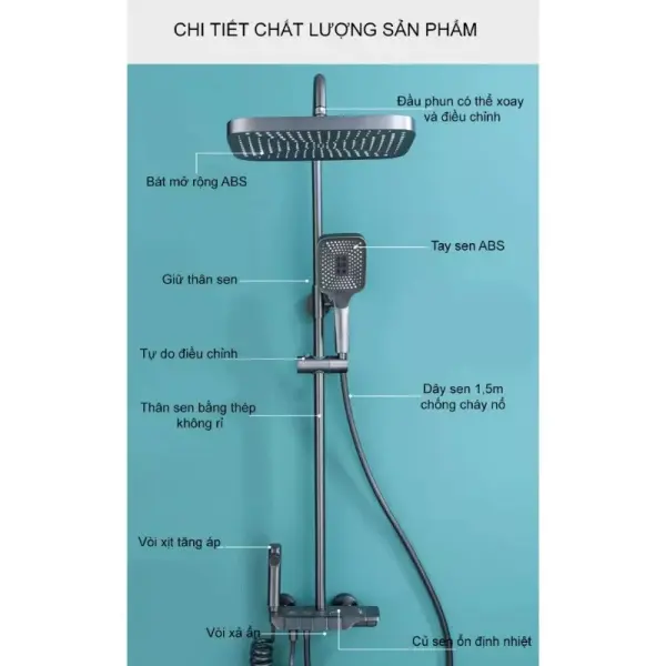 Bộ Sen Cây Tắm Phím Đàn Cao Cấp Màu Xám Titan - Đồng Thau Chống Bám Bẩn (4 Chế Độ Nước)