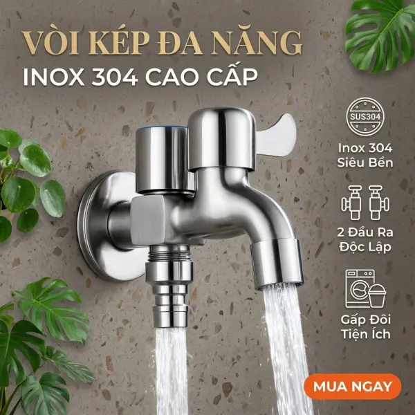 Vòi Hai Đầu Inox 304 Hai Đầu Xả Độc Lập Chống Gỉ Lắp Máy Giặt Sân Vườn V26-A01