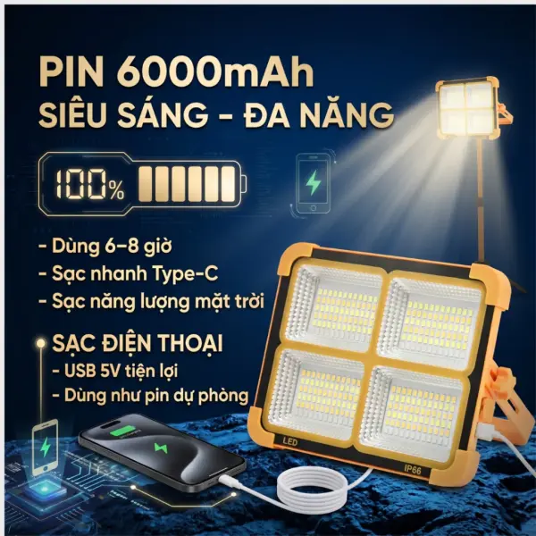 Đèn Năng Lượng Mặt Trời Cầm Tay 50W Đa Năng OBP, Đèn Pha LED Tích Điện Xách Tay Có Cổng Sạc Điện Thoại