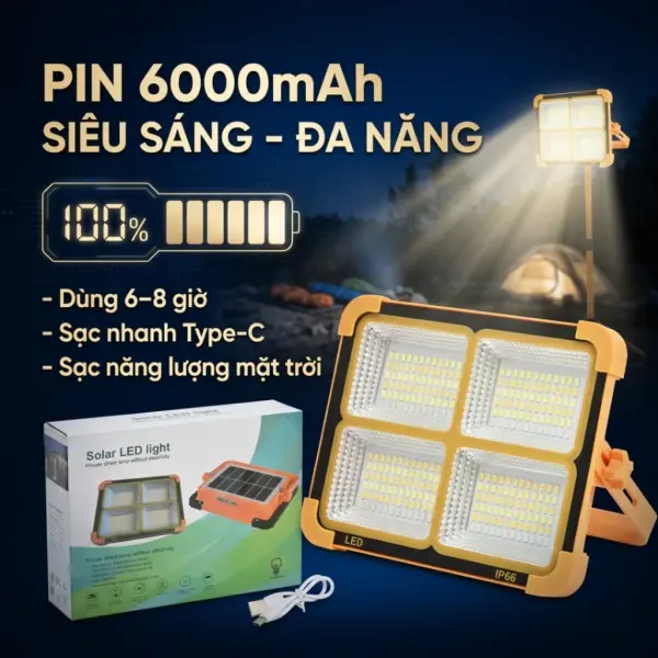 Đèn Năng Lượng Mặt Trời Cầm Tay 50W Đa Năng OBP, Đèn Pha LED Tích Điện Xách Tay Có Cổng Sạc Điện Thoại