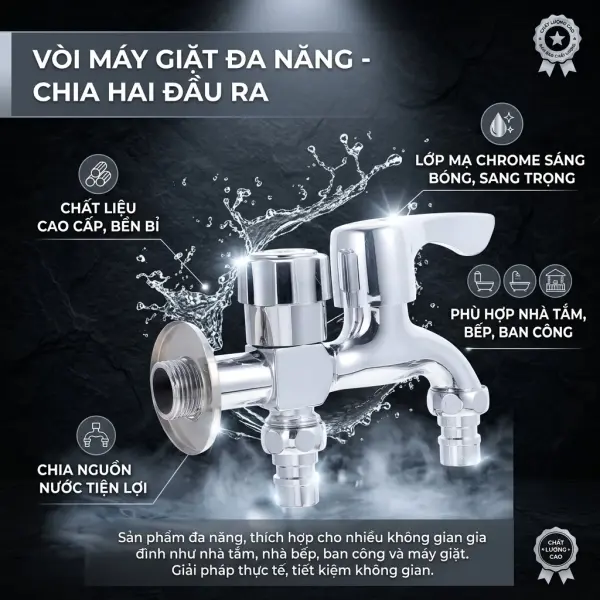 Vòi Hai Đầu Inox 304 Hai Đầu Xả Độc Lập Chống Gỉ Lắp Máy Giặt Sân Vườn V26-A01