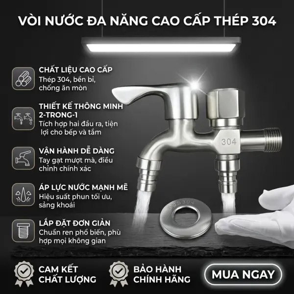 Vòi Hai Đầu Inox 304 Hai Đầu Xả Độc Lập Chống Gỉ Lắp Máy Giặt Sân Vườn V26-A01