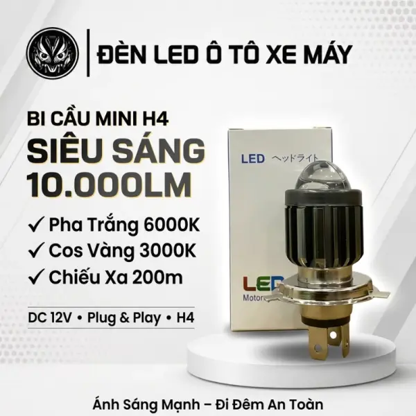 Đèn Đèn LED Bi Cầu Mini H4 Siêu Sáng 10.000LM – Pha Trắng Cos Vàng Cho Ô Tô Xe Máy